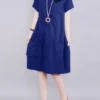 Solid Pocket Short Sleeve Crew Neck Vintage Dress