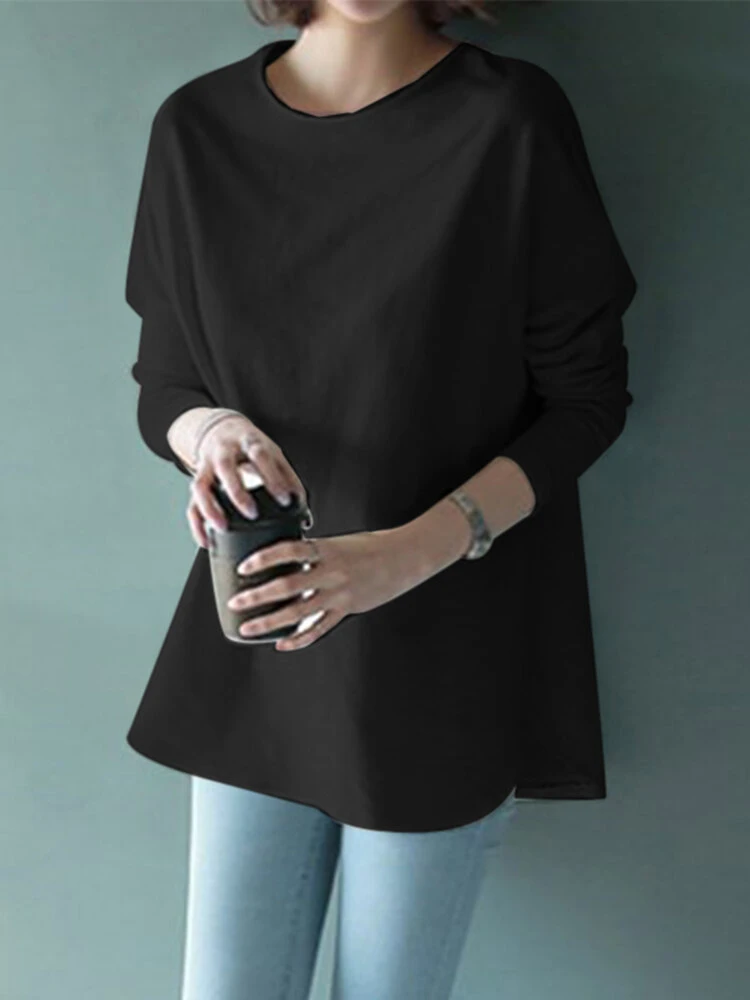 Solid Curved Hem Loose Long Sleeve Crew Neck T-shirt 3 Solid Curved Hem Loose Long Sleeve Crew Neck T-shirt - Image 3