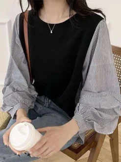 Stripe Patchwork High-low Long Sleeve Crew Neck Blouse -Zanzea Shop 10cc5080 b326 4713 9ced c86f58d6d4f4