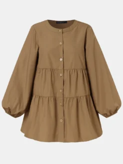 Casual O-neck Puff Sleeve Plus Size Pleated Shirt For Women