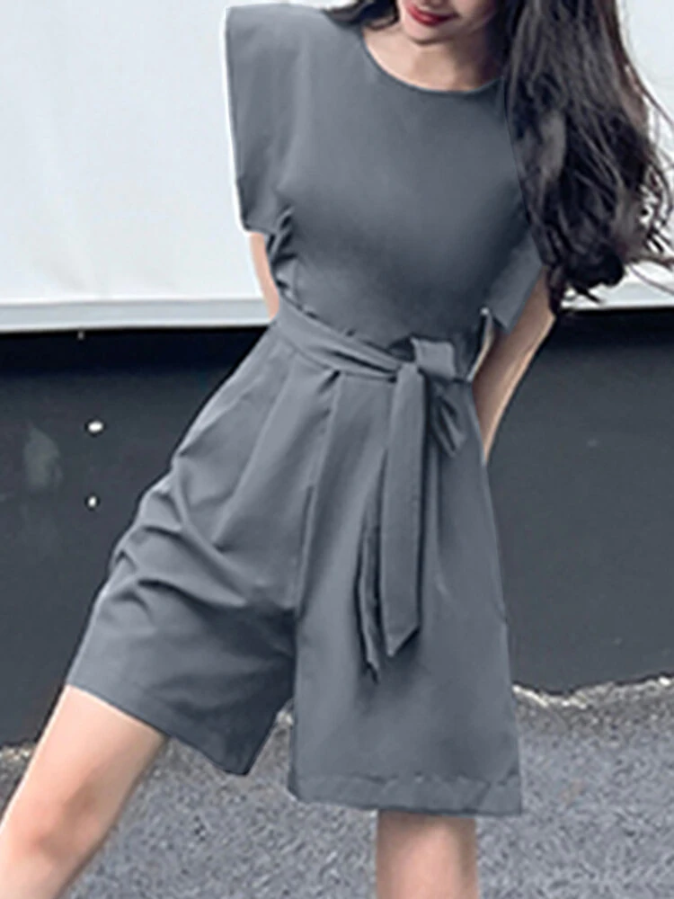 Solid Pocket Sleeveless Crew Neck Romper With Belt 3 Solid Pocket Sleeveless Crew Neck Romper With Belt - Image 3