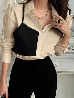 Contrast Panel Button Front Long Sleeve Lapel Shirt -Zanzea Shop 11266bad 5639 49e1 a35f 39b5167120f2