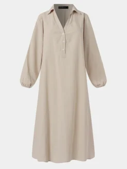 Solid Button Half Placket Long Sleeve Vintage Shirt Dress
