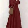 Solid Button Elastic Waist V Neck Casual Maxi Dress