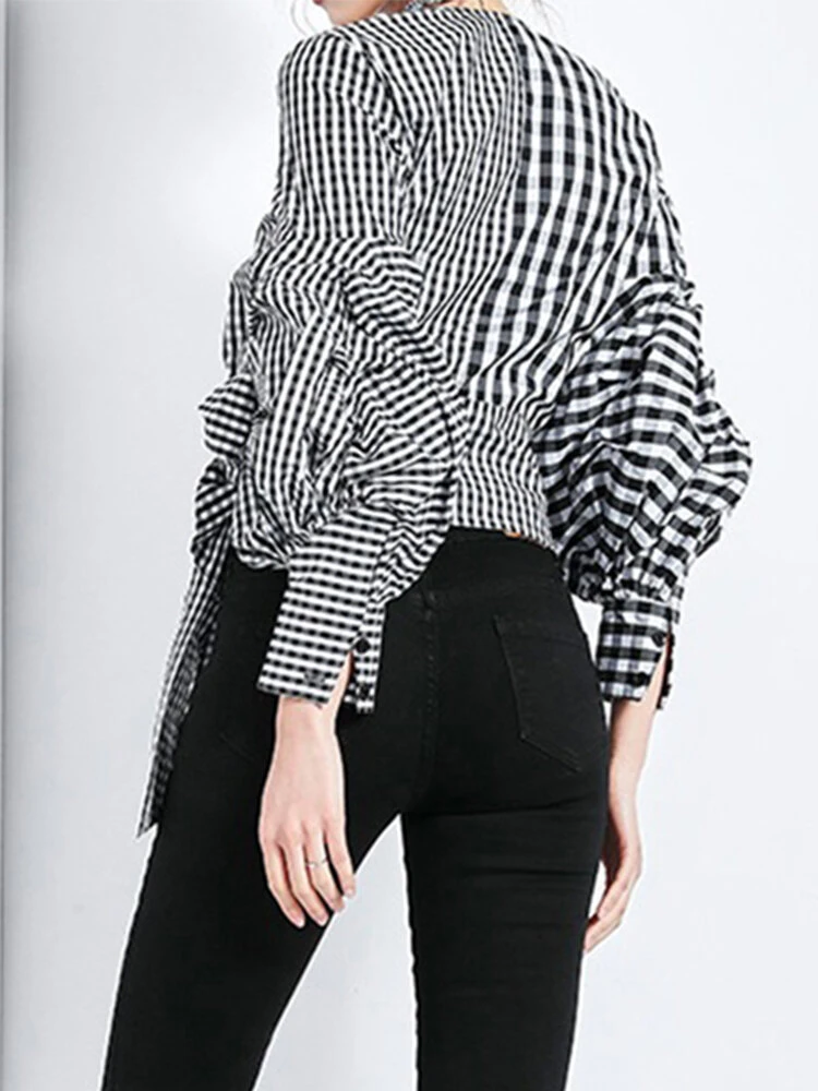 Contrast Plaid Bishop Sleeve Knot Plus Size Blouse 4 Contrast Plaid Bishop Sleeve Knot Plus Size Blouse - Image 4