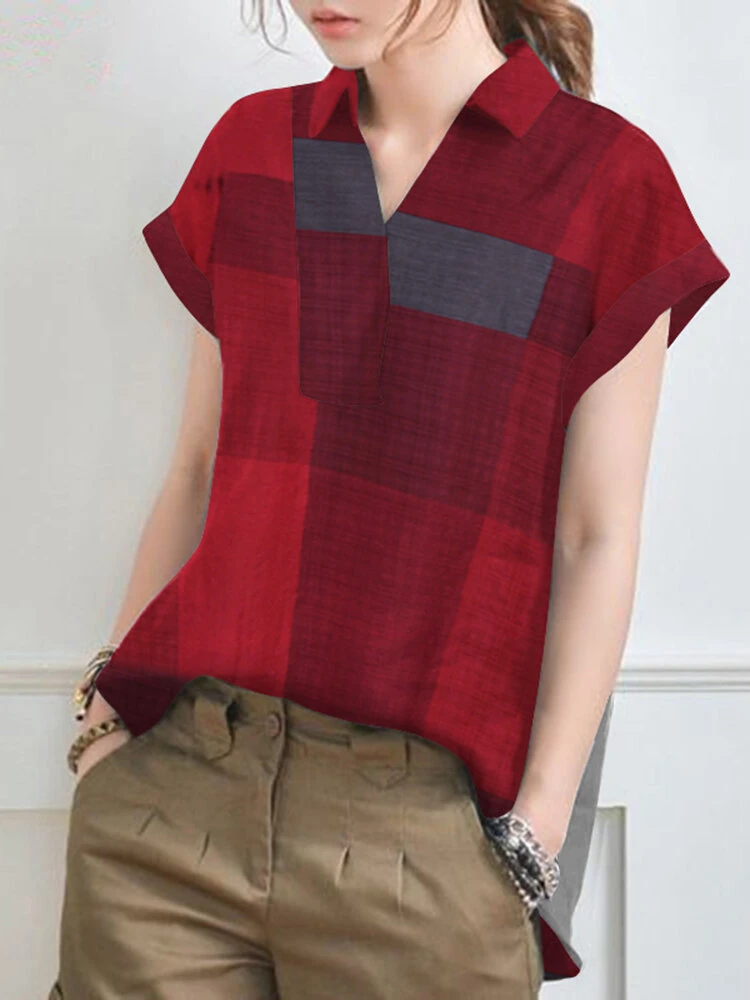 Plaid Short Sleeve Lapel Collar Blouse 9 Plaid Short Sleeve Lapel Collar Blouse - Image 9
