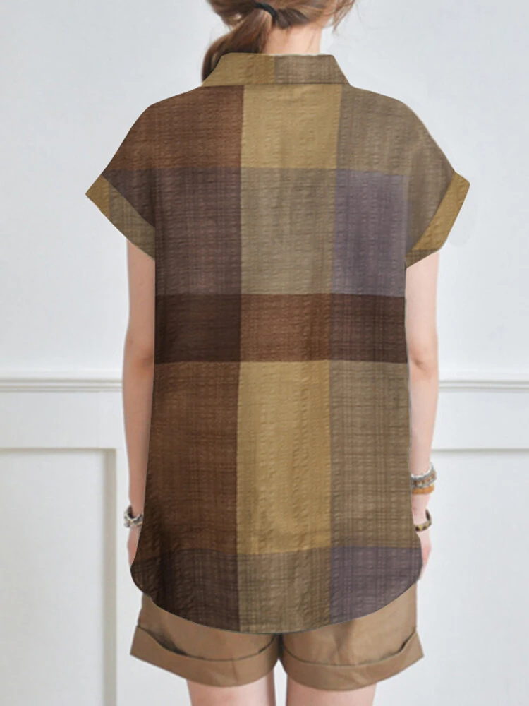 Plaid Short Sleeve Lapel Collar Blouse 2 Plaid Short Sleeve Lapel Collar Blouse - Image 2