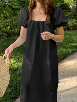 Solid Puff Sleeve Pocket Square Collar Midi Dress -Zanzea Shop 1198ed6a 5e0a 4742 8b43 ca33df8860fe