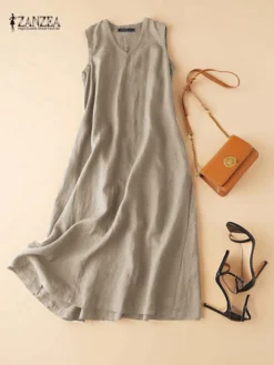 Cotton Solid Sleeveless V Neck Casual Maxi Dress -Zanzea Shop 119a0521 2b6e 4818 b9c7 8772dae17e6e