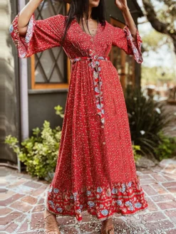 Bohemian Floral Print Belt Ruffle Sleeve Maxi Dress -Zanzea Shop 119dc5a8 6ccf 4e3b acbf 56d2f4c622b2