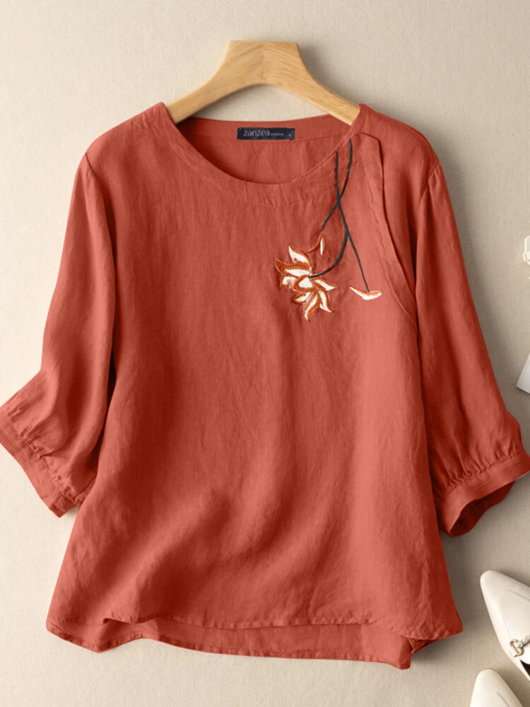 Flower Embroidery Crew Neck 3/4 Sleeve Casual Blouse 7 Flower Embroidery Crew Neck 3/4 Sleeve Casual Blouse - Image 7