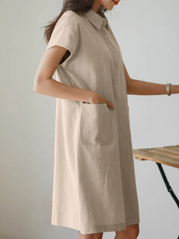 Solid Button Short Sleeve Lapel Cotton Pocket Dress 9 Solid Button Short Sleeve Lapel Cotton Pocket Dress - Image 9