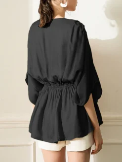 Elastic Waist Solid 3/4 Sleeve Crew Neck Loose Blouse -Zanzea Shop 1205430b 656c 4f2e 8282 86e112f52c45