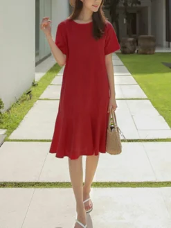 Solid Ruffle Short Sleeve Round Neck Casual Cotton Midi Dress -Zanzea Shop 122b3eb4 7388 4b4e 9c15 36a1abf16e53