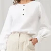 Solid Lantern Sleeve Button Front Crew Neck Blouse