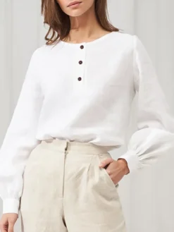 Solid Lantern Sleeve Button Front Crew Neck Blouse