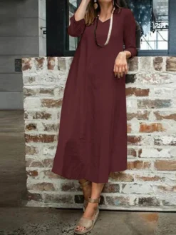 Solid 3/4 Sleeve V-neck Vintage Dress For Women -Zanzea Shop 1296dcb1 51ec 4965 a4fe b97e323060f5