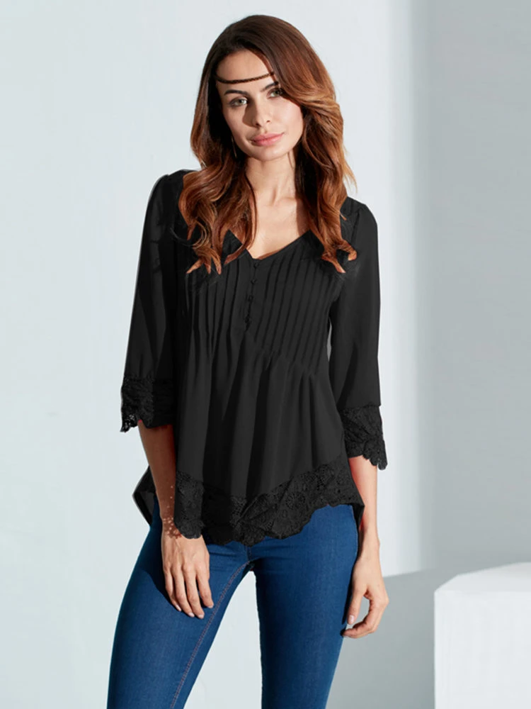 Sexy V Neck Lace Crochet 3/4 Sleeve Slim Blouse For Women 2 Sexy V Neck Lace Crochet 3/4 Sleeve Slim Blouse For Women - Image 2