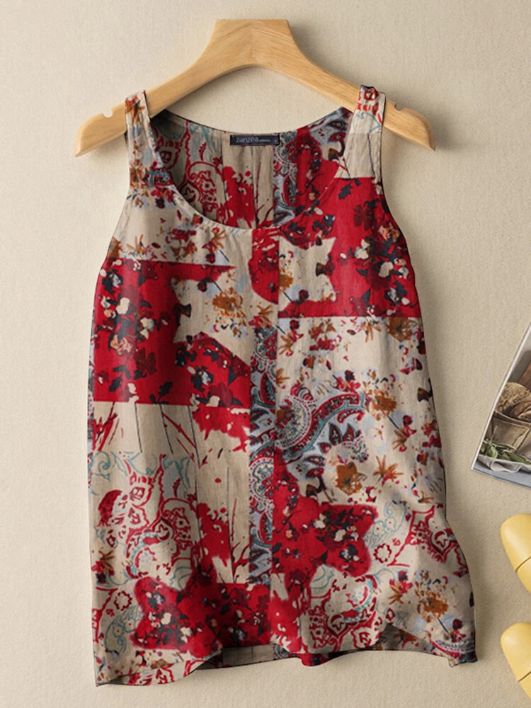 Women Vintage Print Crew Neck Cotton Sleeveless Tank Top 3 Women Vintage Print Crew Neck Cotton Sleeveless Tank Top - Image 3