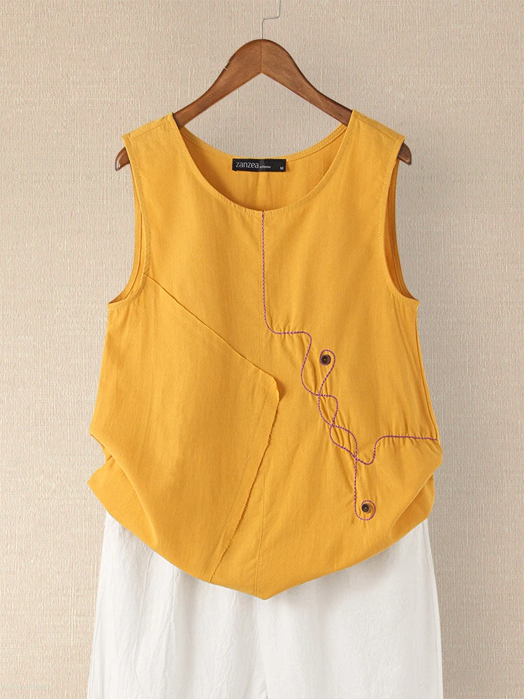 Button Embroidery O-neck Sleeveless Patchwork Vintage Tank Top 1 Button Embroidery O-neck Sleeveless Patchwork Vintage Tank Top