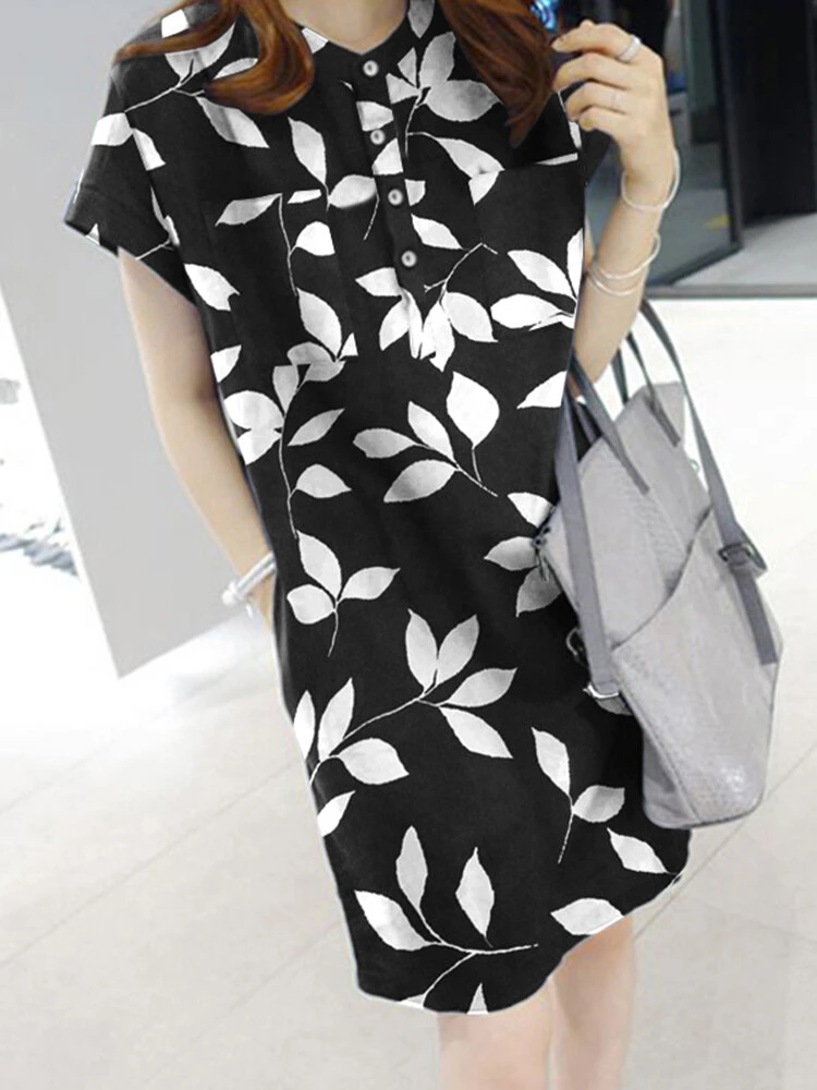 Leaves Print Button Pocket Short Sleeve Dress With Belt 4 Leaves Print Button Pocket Short Sleeve Dress With Belt - Image 4