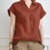 Solid V Neck Roll Short Sleeve Casual Cotton Blouse