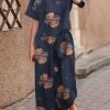 Flower Print Short Sleeve Wide Leg Two Pieces Suit