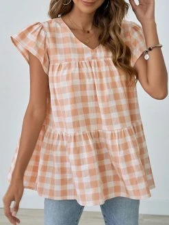 Women Check Print Ruffle Sleeve V-neck A-line Blouse 18 Women Check Print Ruffle Sleeve V-neck A-line Blouse -Zanzea Shop 13a007b0 af3f 4a0c 8afc 6347910c0e77