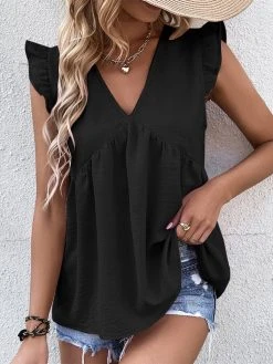 Women Solid V-Neck Ruffle Sleeveless Casual Tank Top -Zanzea Shop 13a4951b 1e98 4142 9a66 6d6e86cabf99