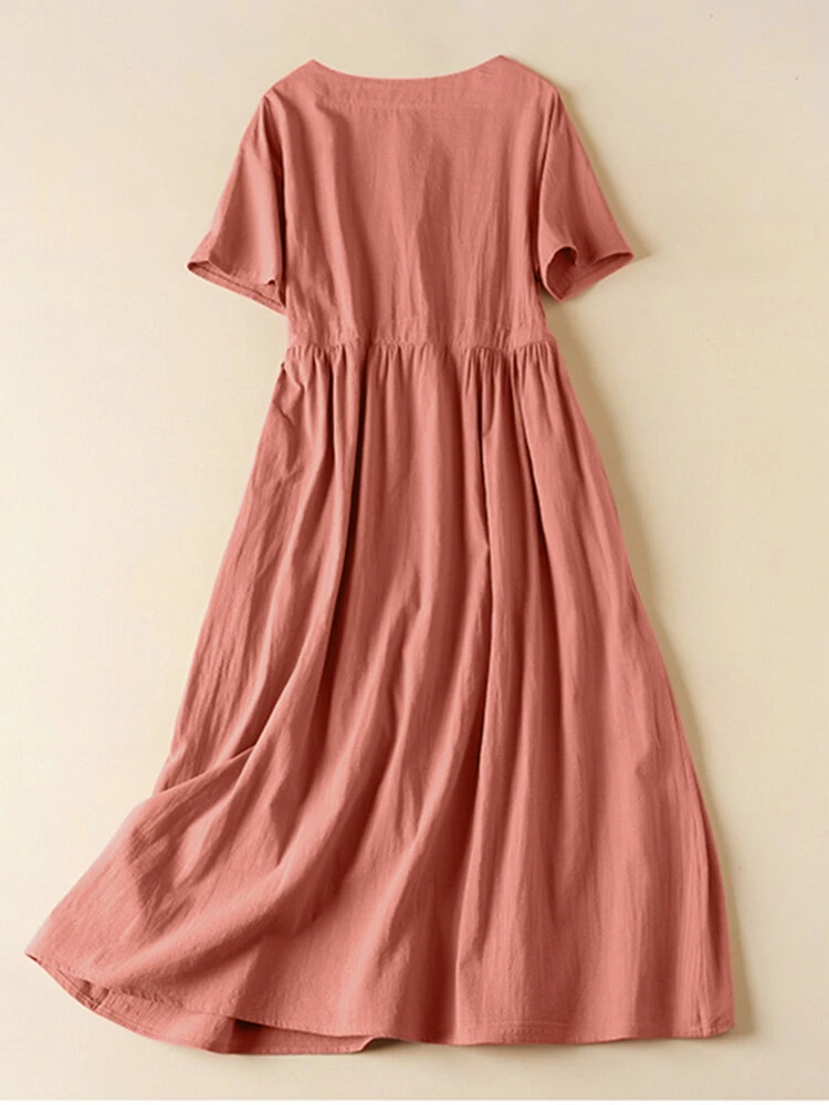 Women Solid Notched Neck Frog Button Drawstring Waist Dress 2 Women Solid Notched Neck Frog Button Drawstring Waist Dress - Image 2