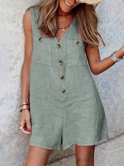 Solid Pocket Button Sleeveless V Neck Casual Romper -Zanzea Shop 13c4cc02 e3ab 4438 8735 598894082c33