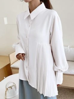 Solid Irregular Pleated Long Sleeve Lapel Button Down Shirt -Zanzea Shop 13cd15e3 7ebf 45d3 b782 65fe9b05b18b