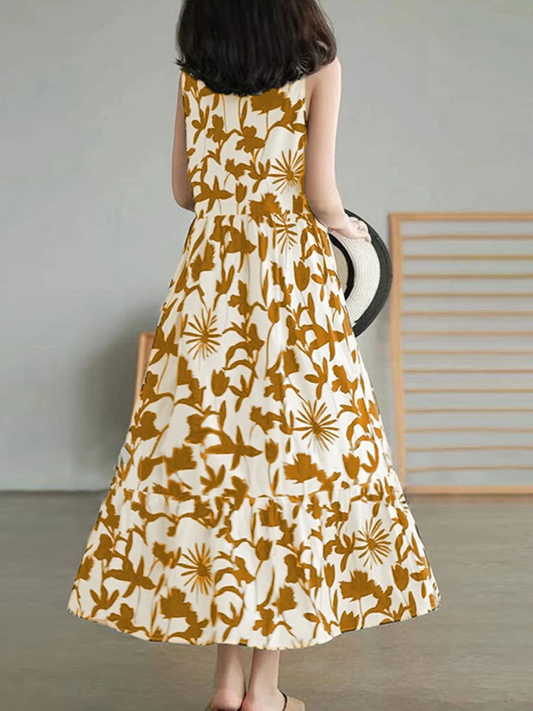 Plant Print Ruch Ruffle Hem Sleeveless Casual Print Dress 4 Plant Print Ruch Ruffle Hem Sleeveless Casual Print Dress - Image 4