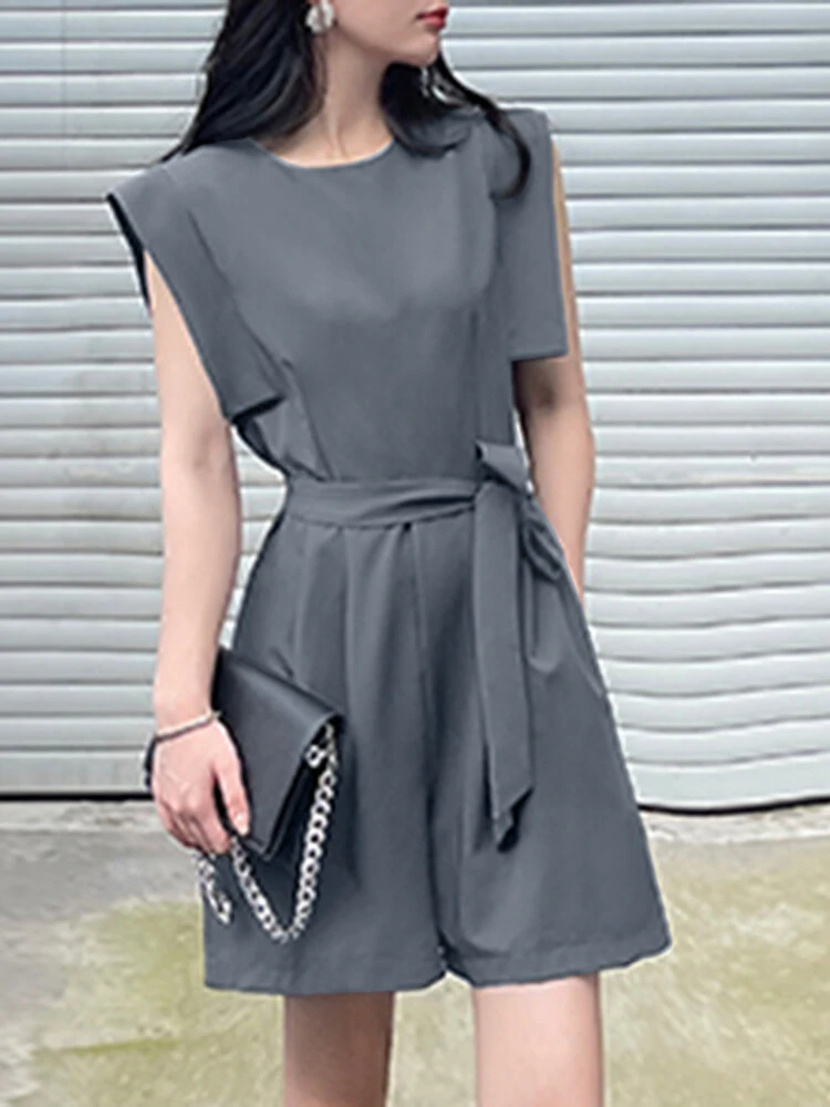 Solid Pocket Sleeveless Crew Neck Romper With Belt 2 Solid Pocket Sleeveless Crew Neck Romper With Belt - Image 2