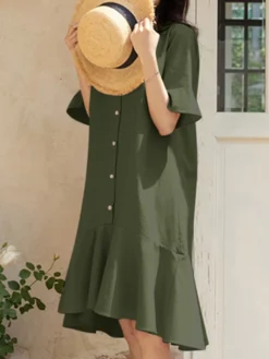 Women Solid Ruffle Sleeve V-neck Button Mermaid Dress -Zanzea Shop 13ff2e7a d642 4659 801e 76134d52c354