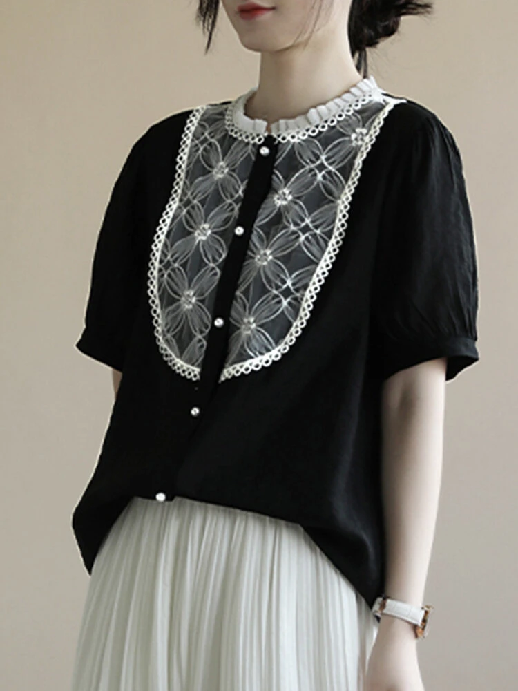 Contrast Embroidery Short Sleeve Pearl Button Blouse 11 Contrast Embroidery Short Sleeve Pearl Button Blouse - Image 11