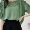 Women Hollow Stitch Half Sleeve Crew Neck Blouse