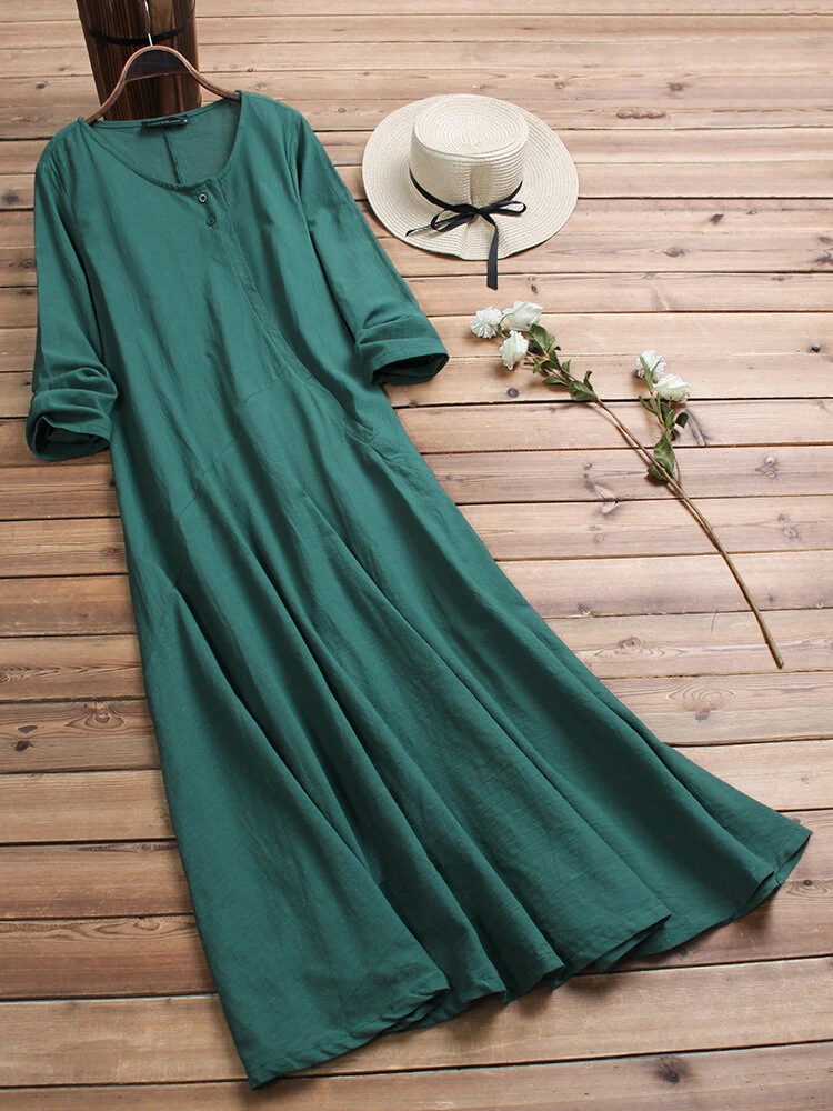 Women Vintage Cotton Tunic Baggy Long Sleeve Maxi Dress 1 Women Vintage Cotton Tunic Baggy Long Sleeve Maxi Dress