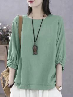 Women Solid Crew Neck Cotton Dolman Sleeve Blouse