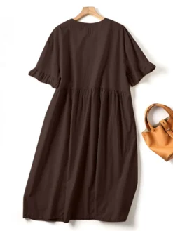 Solid Ruffle Short Sleeve Pocket Crew Neck Casual Dress -Zanzea Shop 147a6e78 b93c 45b4 afe7 8ea4b42608b4