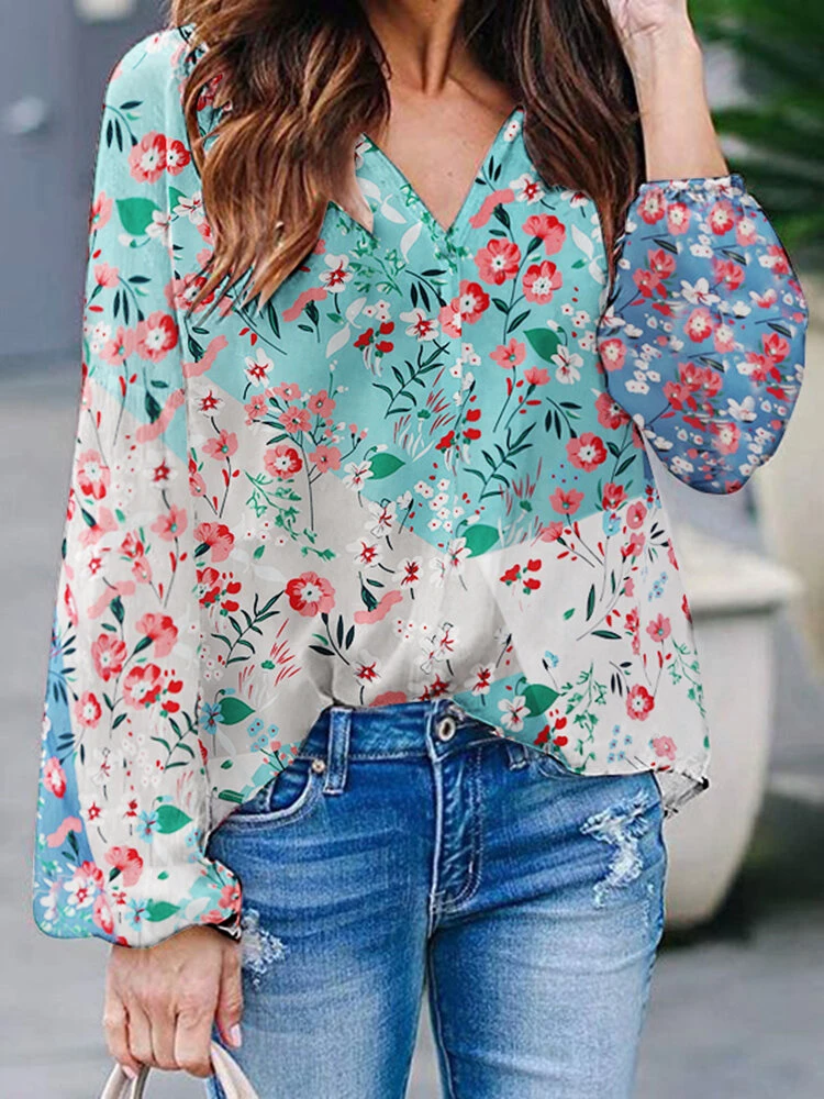 Floral Print Long Sleeve V-neck Blouse For Women 1 Floral Print Long Sleeve V-neck Blouse For Women