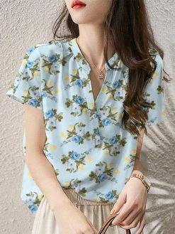 Women Allover Floral Print Notched Neck Short Sleeve Blouse -Zanzea Shop 14acc593 5837 488b 9765 f89e8a406192