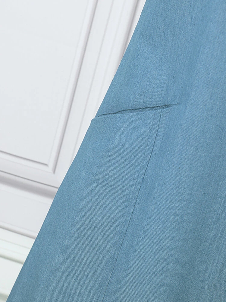 Women Solid Button Front Short Sleeve Denim Shirt Dress 8 Women Solid Button Front Short Sleeve Denim Shirt Dress - Image 8