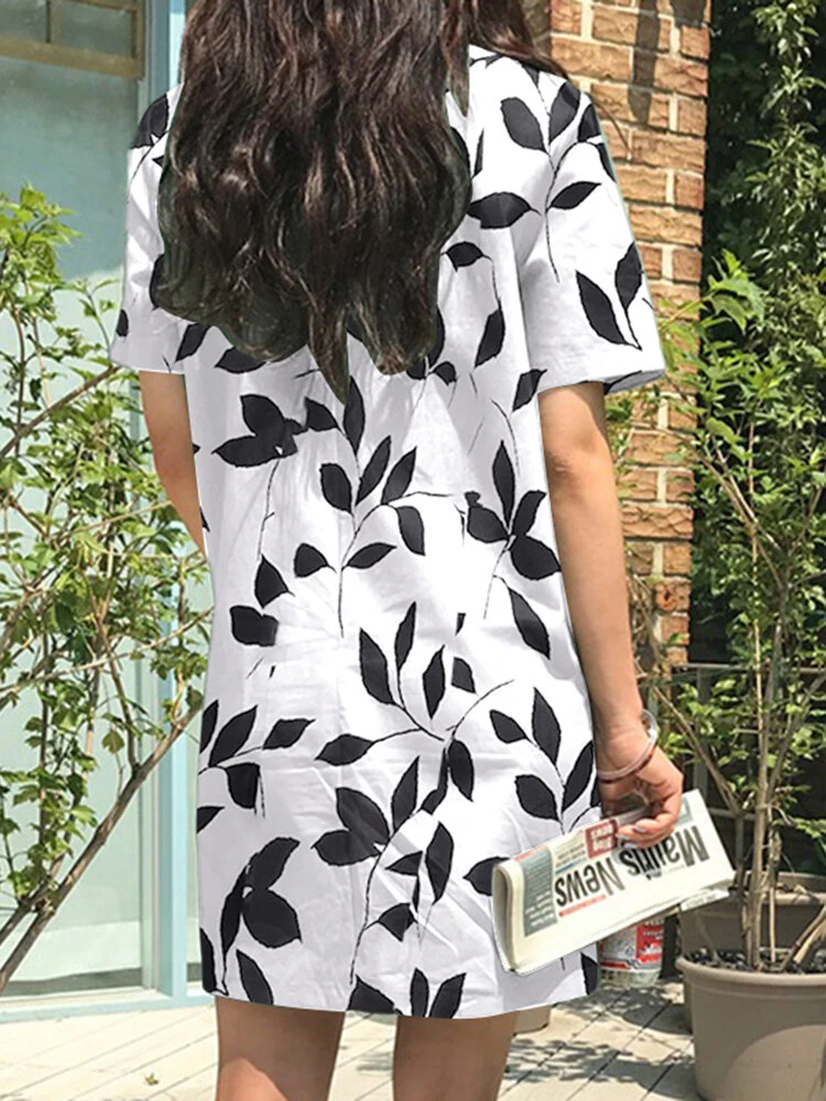 Leaves Print Pocket Crew Neck Short Sleeve Casual Dress 2 Leaves Print Pocket Crew Neck Short Sleeve Casual Dress - Image 2