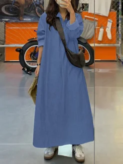 Solid Long Sleeve Denim Lapel Button Casual Dress -Zanzea Shop 14c2e2e8 5e80 4d4d be17 75ff5a63563c