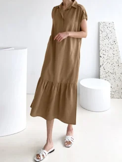 Solid Slit Pocket Lapel Short Sleeve Dress With Belt -Zanzea Shop 14d2cd24 3160 4290 97cc 7260abcda31a