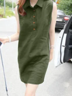 Solid Sleeveless Button Front Lapel Dress For Women -Zanzea Shop 14de1f78 6c64 4c7a 92ac ca010f955568