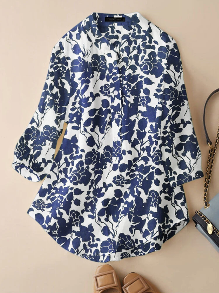 Allover Plants Print Pocket 3/4 Sleeve Stand Collar Blouse 1 Allover Plants Print Pocket 3/4 Sleeve Stand Collar Blouse