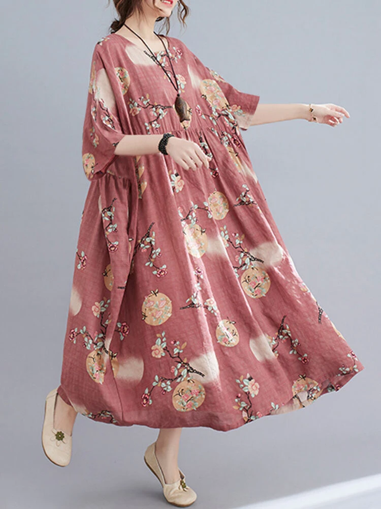 Flower Print Half Sleeve O-neck Loose Women Vintage Dress 4 Flower Print Half Sleeve O-neck Loose Women Vintage Dress - Image 4