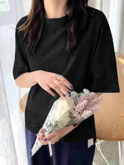 Lace Hollow Stitch Half Sleeve Crew Neck Loose Blouse -Zanzea Shop 151be6ae 3402 41b7 a162 6460911074d7